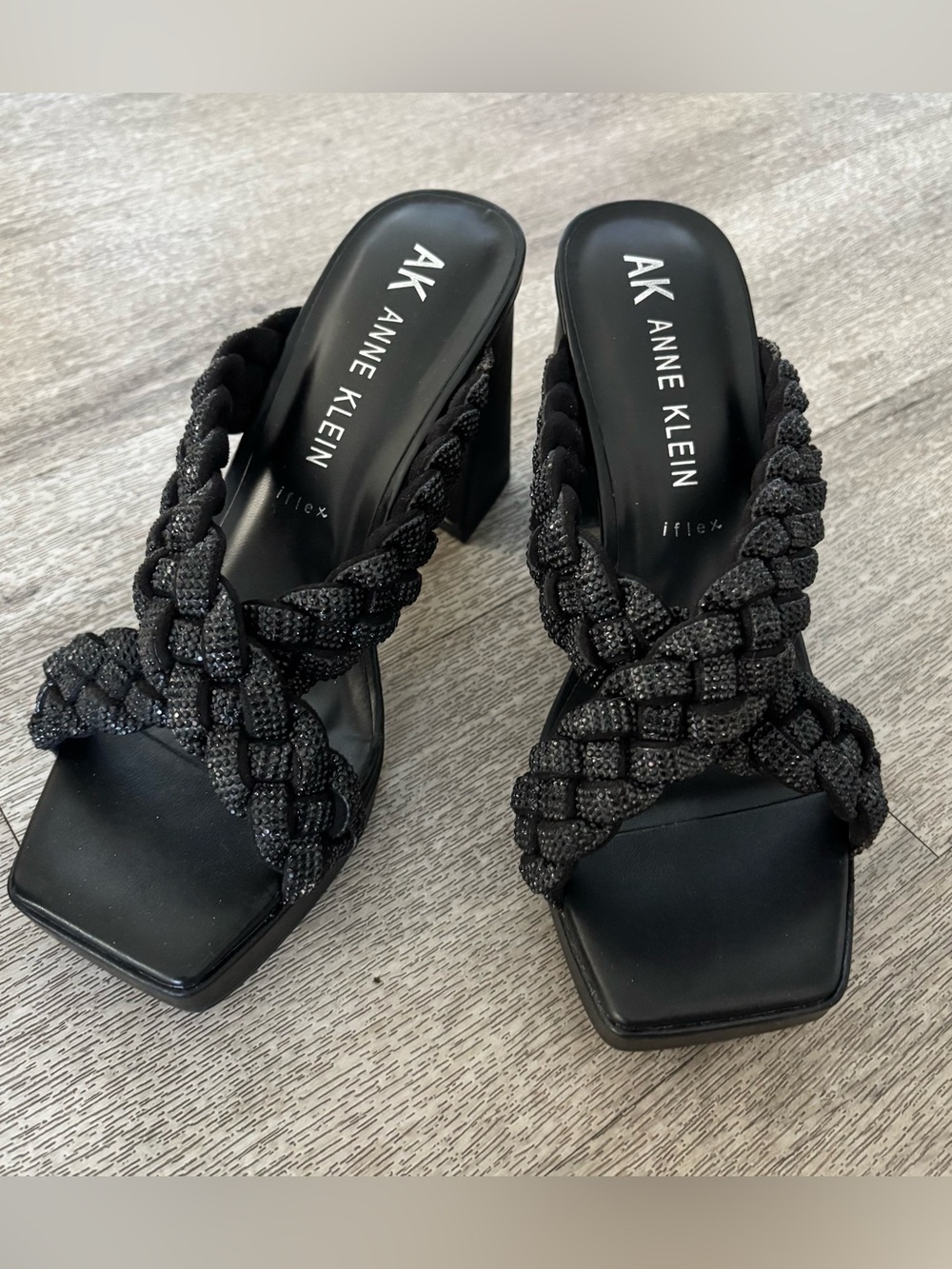 Anne Klein Black Braided Block Heel Sandals